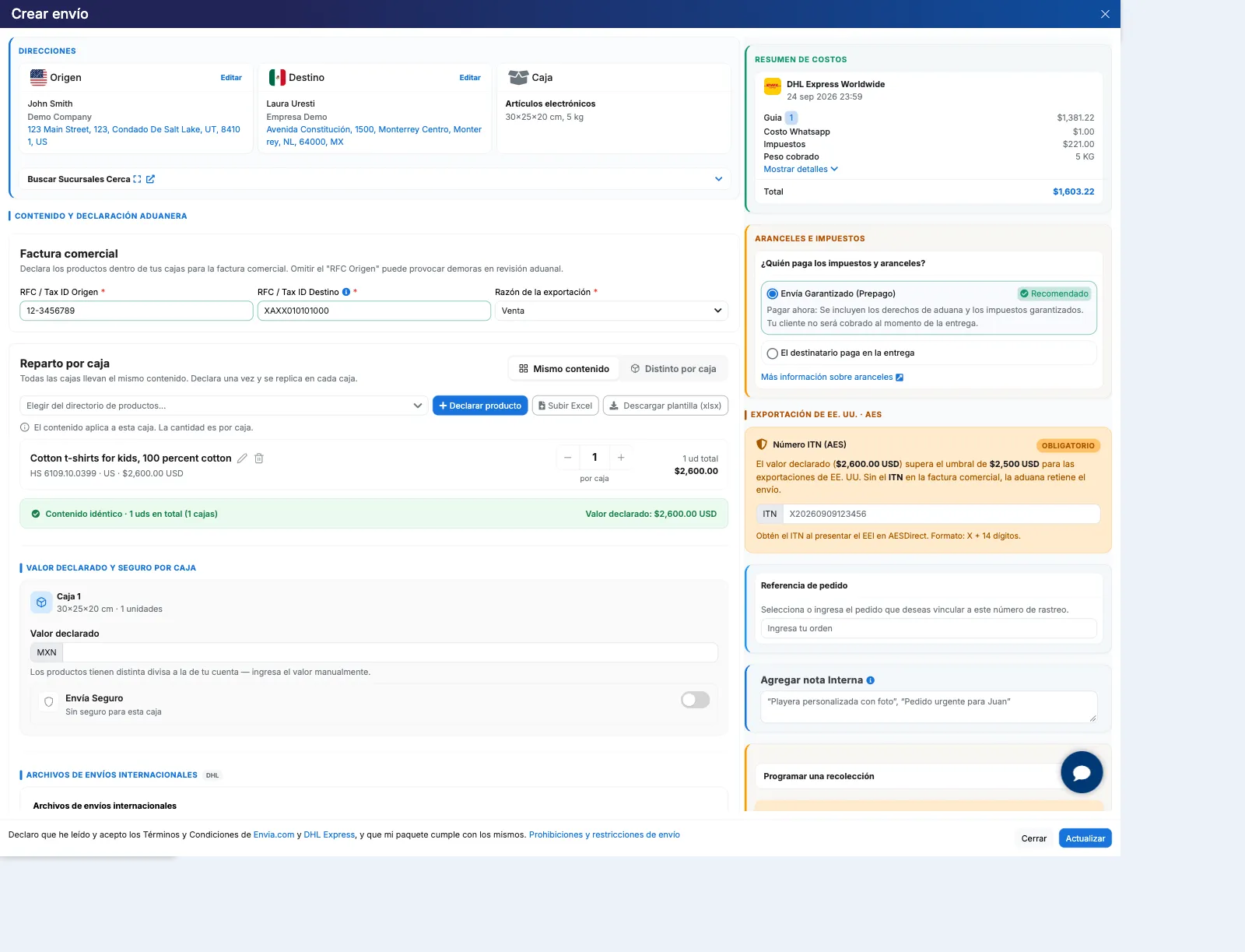 Modal Crear envío con declaración aduanera, resumen de costos y tarjeta AES ITN