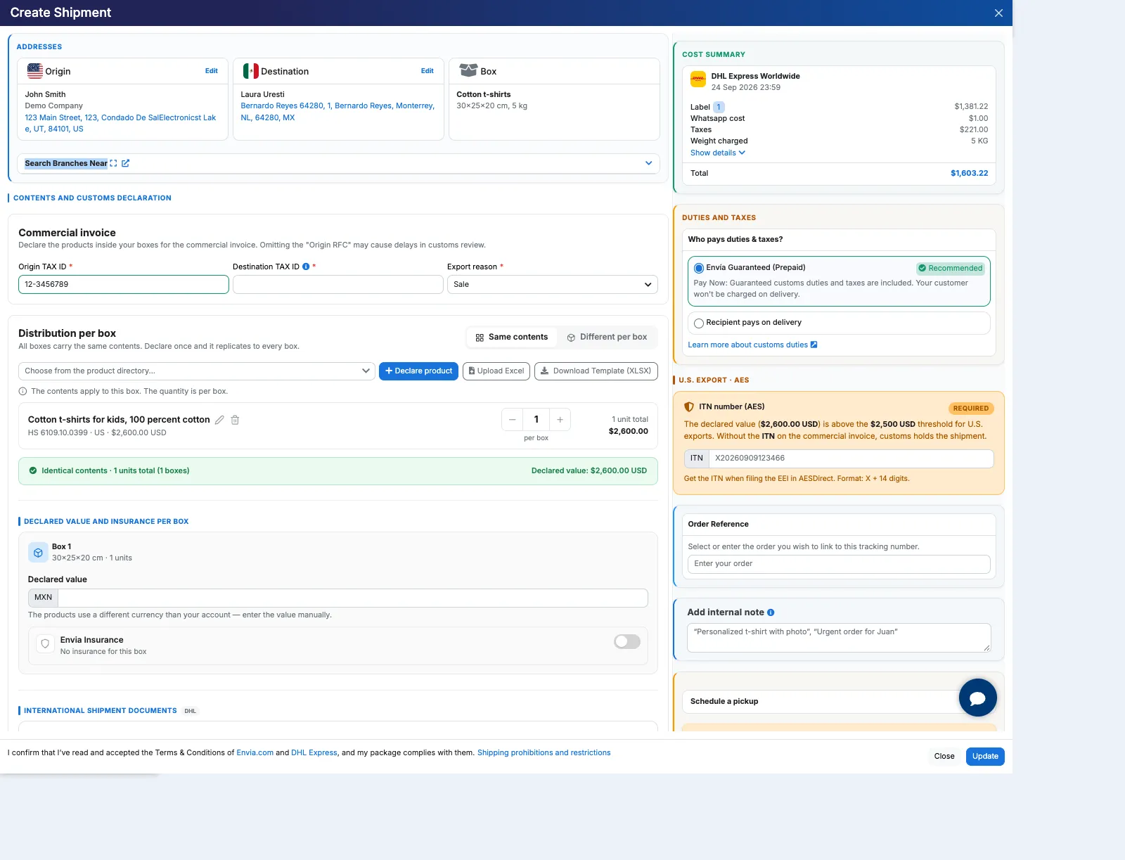 Create Shipment confirmation with customs declaration and cost summary