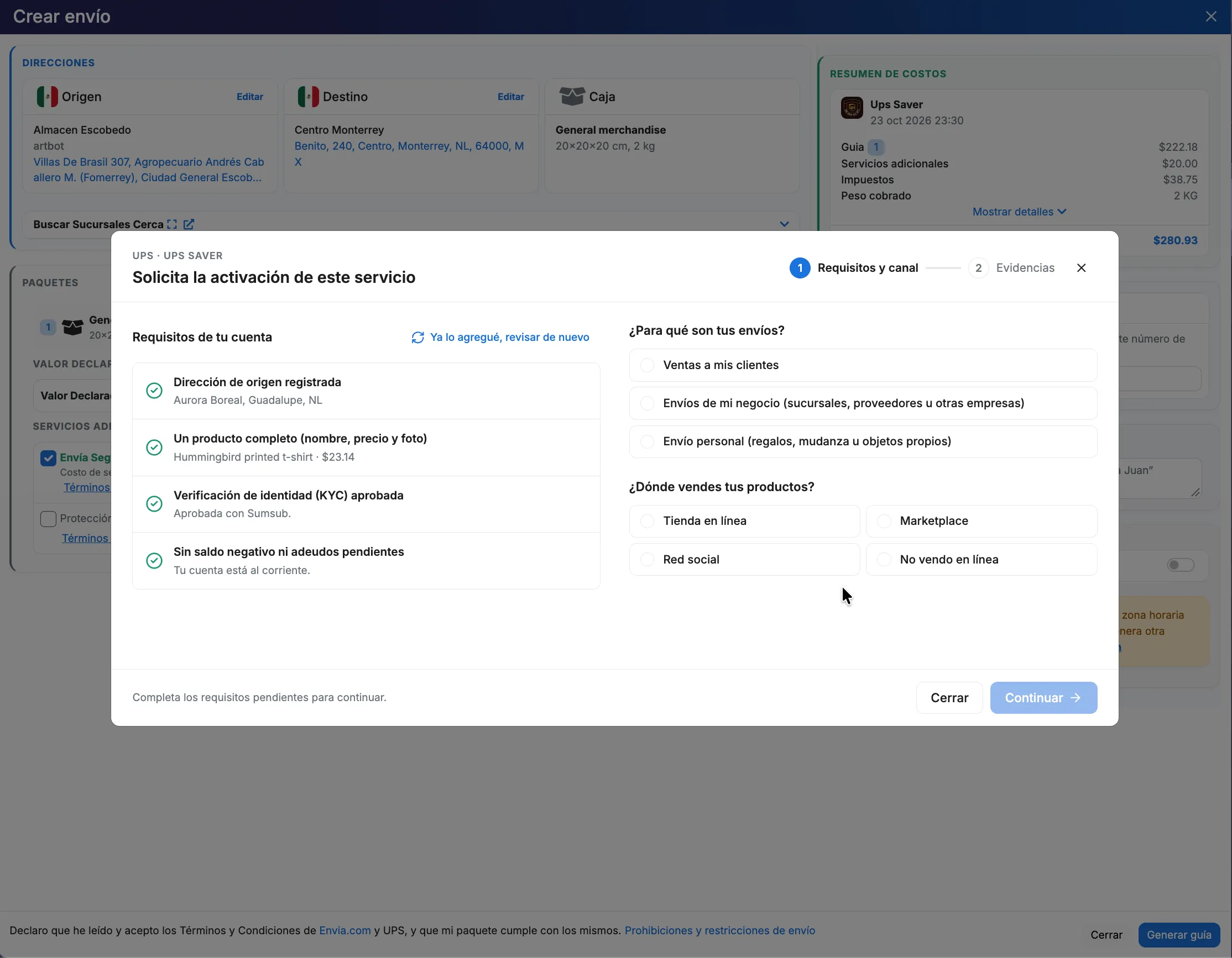 Diálogo de solicitud de activación en la pantalla Crear envío