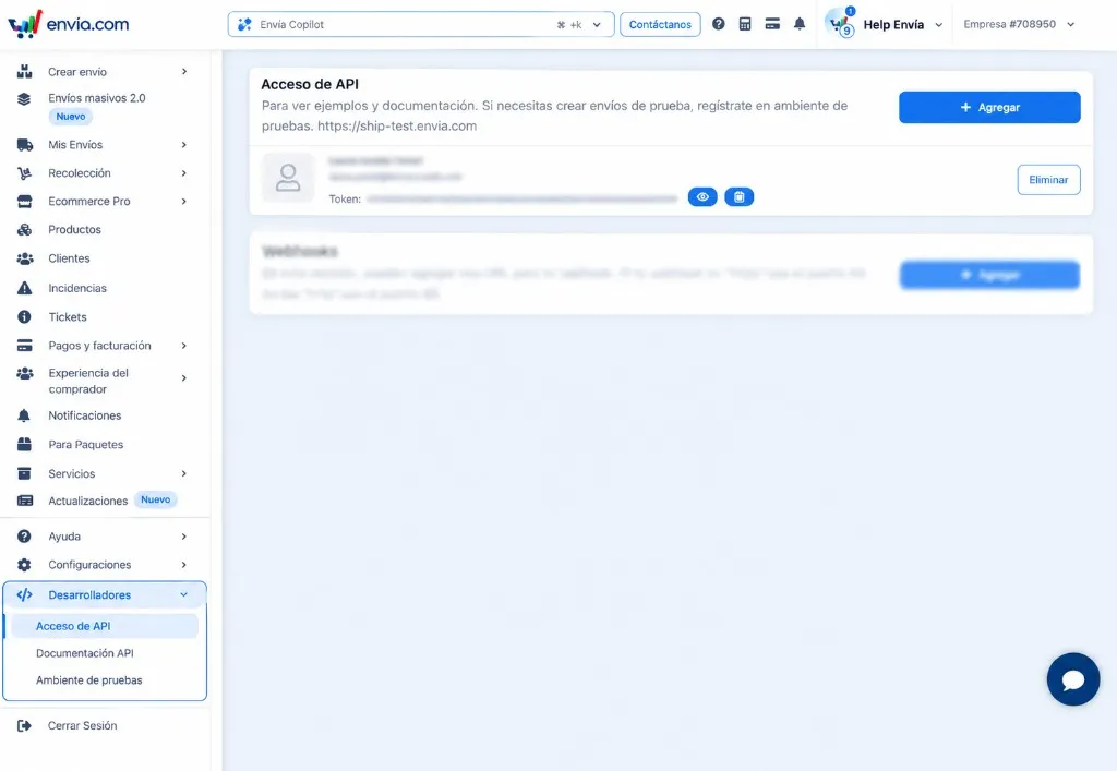 Menú Desarrolladores abierto en Acceso de API, con el botón Agregar y el token oculto