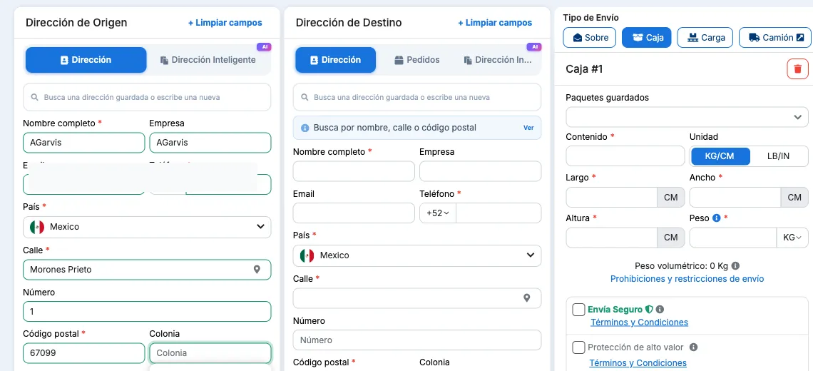Formulario Crear envío con origen, destino y tipo de envío