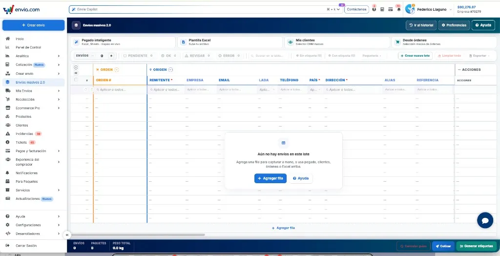 Lotto vuoto in Spedizioni in blocco 2.0 con incolla intelligente, modello Excel, i miei clienti e da ordini