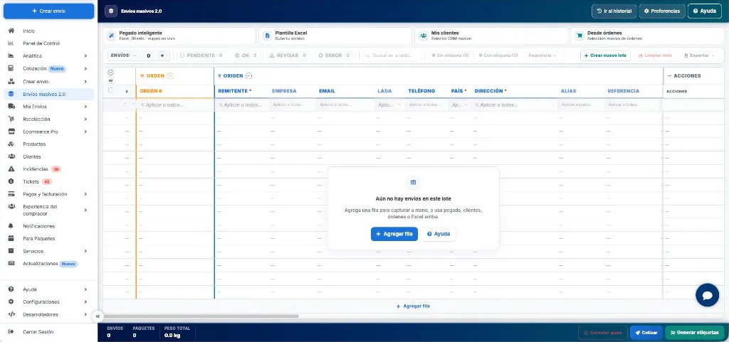Lote vacío de Envíos masivos 2.0 con pegado inteligente, plantilla Excel, mis clientes y desde órdenes