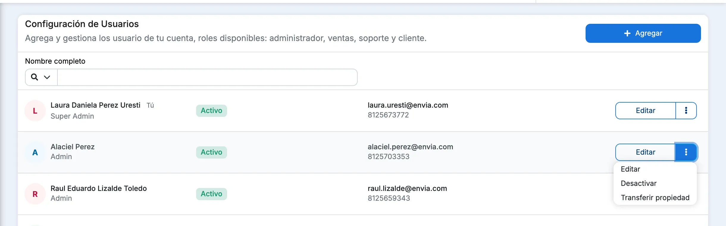 Menú con Transferir propiedad