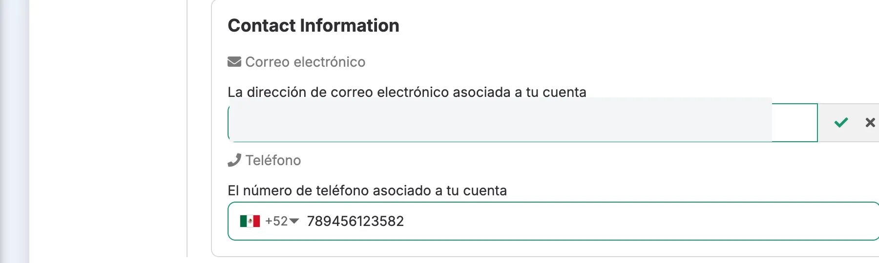 Contact Information con Correo electrónico, confirmar y cancelar