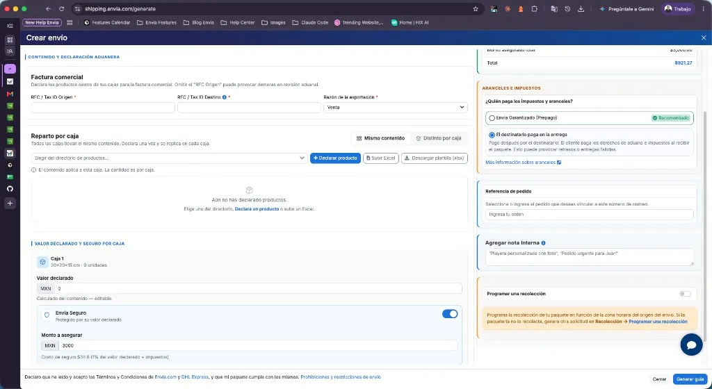 Reparto por caja con Mismo contenido, directorio de productos y valor declarado