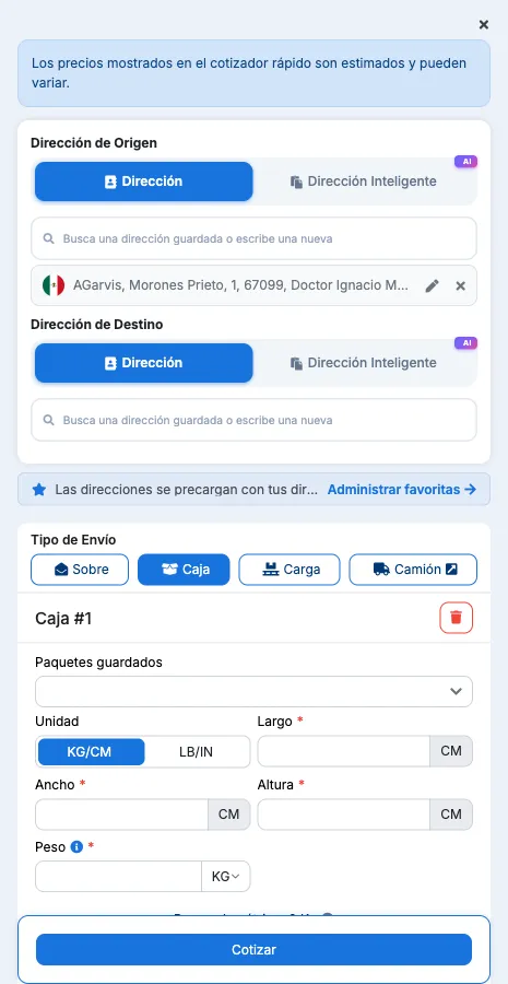 Cotizador rápido con origen, destino, tipo de envío y Cotizar