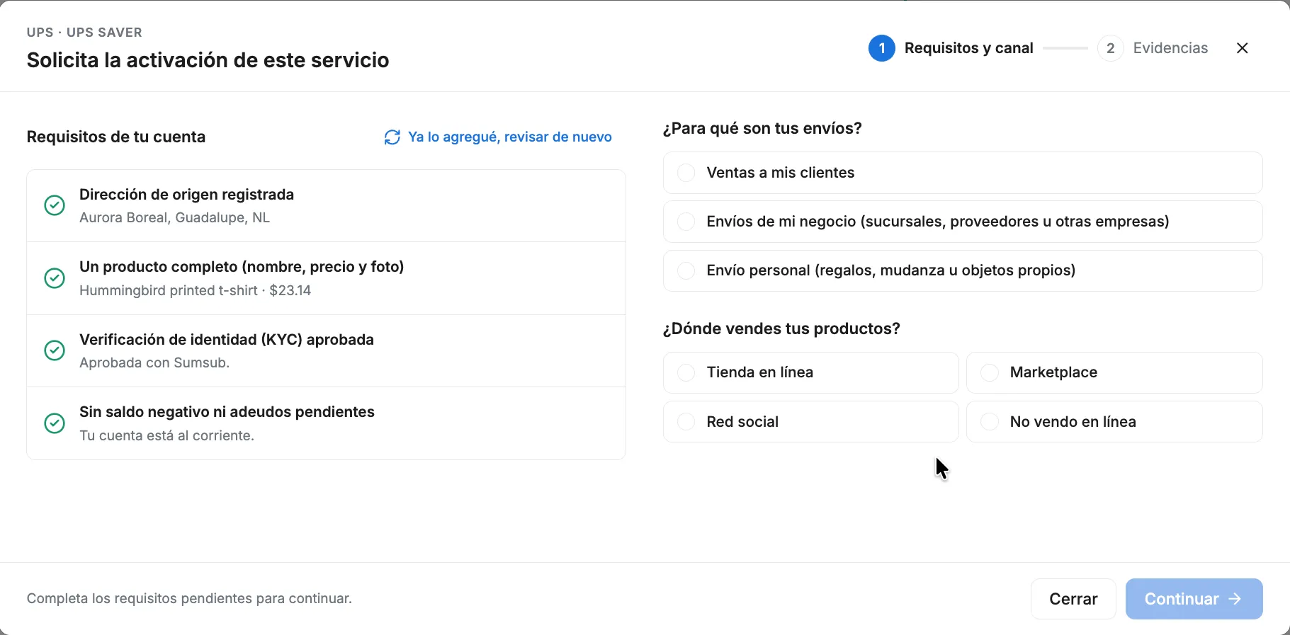 Pantalla de requisitos y canal con los 4 requisitos completos