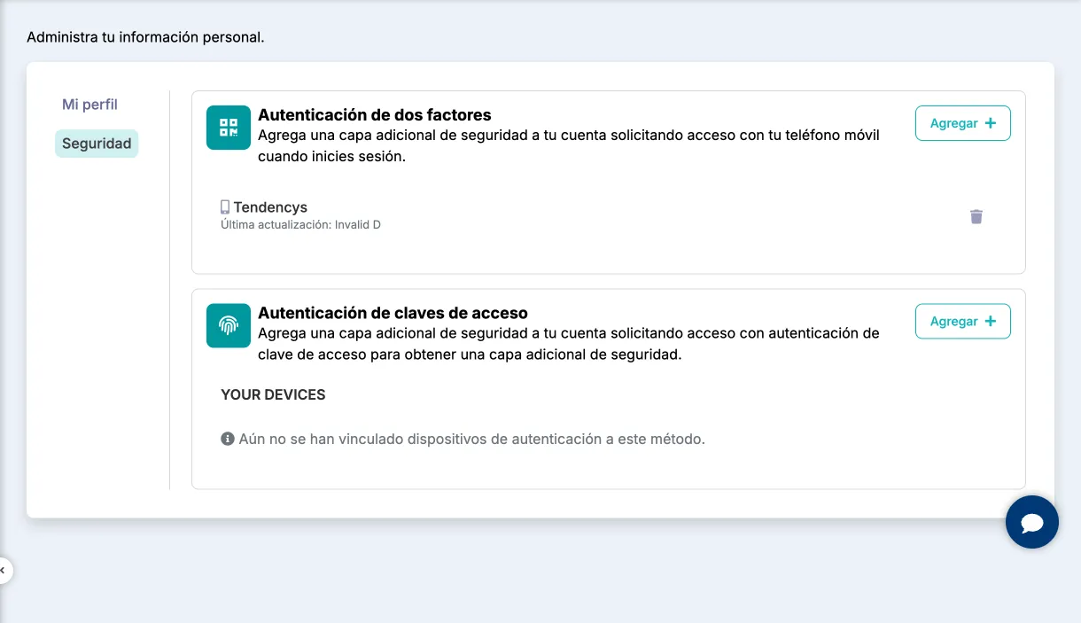 Pestaña Seguridad con Autenticación de dos factores y Autenticación de claves de acceso