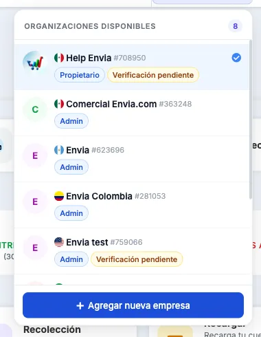 Lista Organizaciones disponibles con el botón Agregar nueva empresa