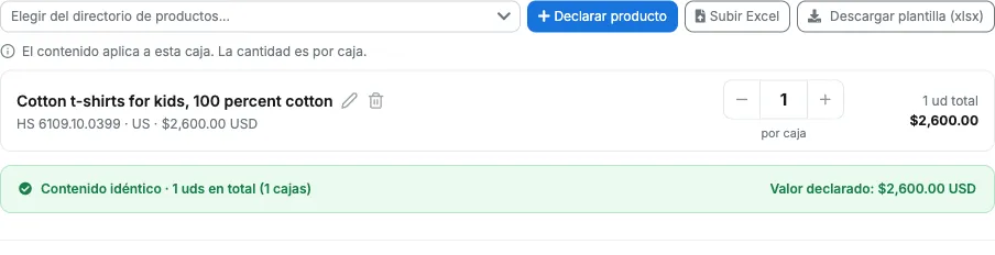 Producto declarado con valor de 2,600.00 USD y banner Valor declarado