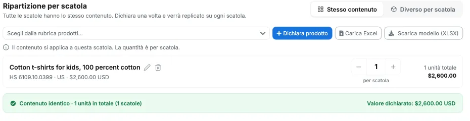 Prodotto dichiarato con valore di 2.600,00 USD e banner Valore dichiarato