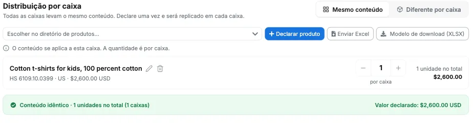 Produto declarado com valor de 2,600.00 USD e banner Valor declarado