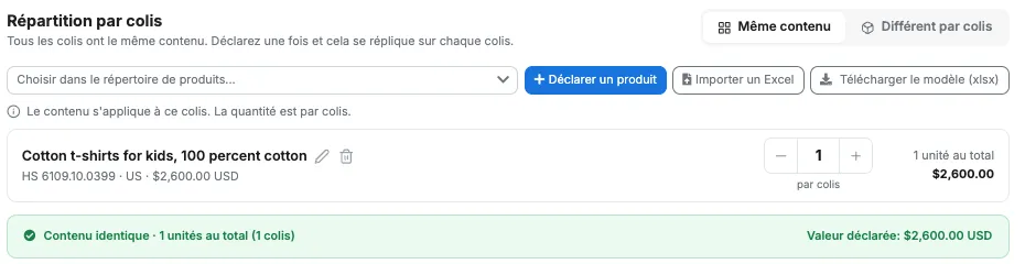 Produit déclaré avec une valeur de 2 600,00 USD et bannière Valeur déclarée