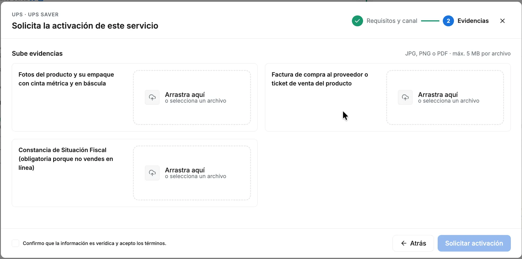 Pantalla de subida de evidencias