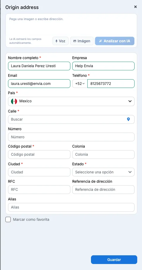 Panel para agregar una dirección