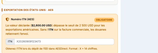 Carte Exportation des États-Unis AES avec Numéro ITN obligatoire et seuil de 2 500 USD