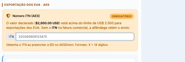 Cartão Exportação dos EUA AES com Número ITN obrigatório e limiar de US$ 2.500