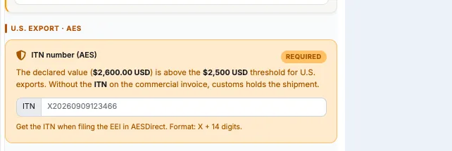 U.S. export AES card with required ITN number and 2,500 USD threshold