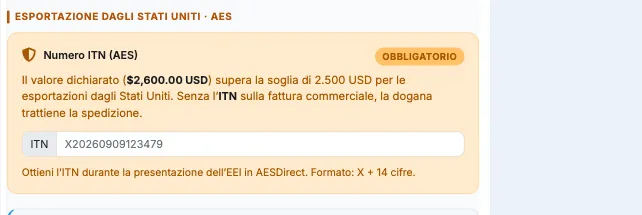 Scheda Esportazione dagli Stati Uniti AES con Numero ITN obbligatorio e soglia di 2.500 USD