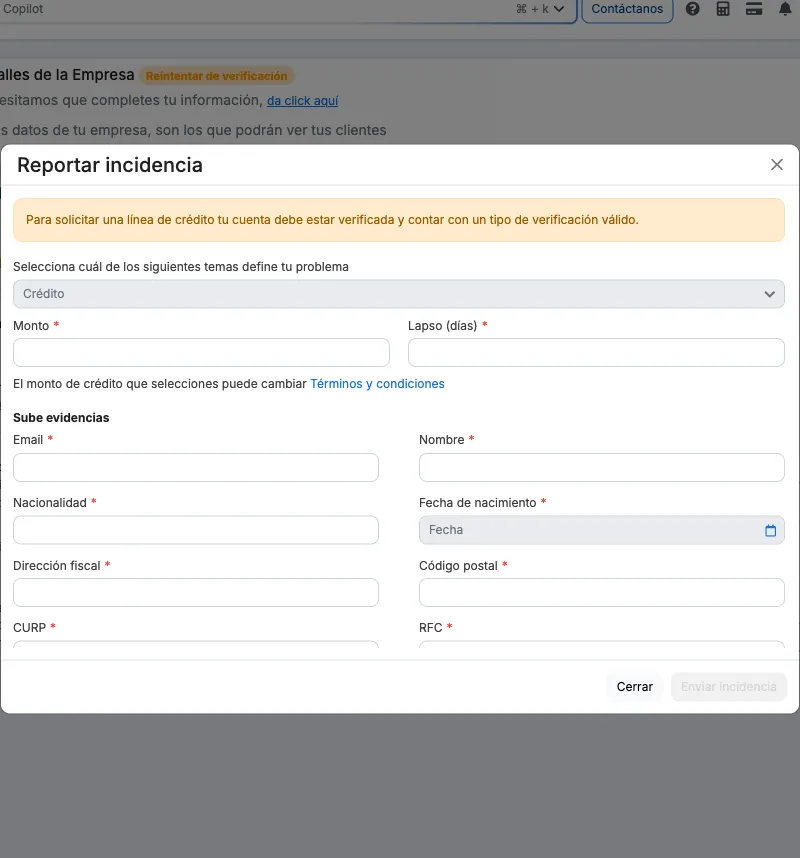 Formulario Reportar incidencia para Crédito