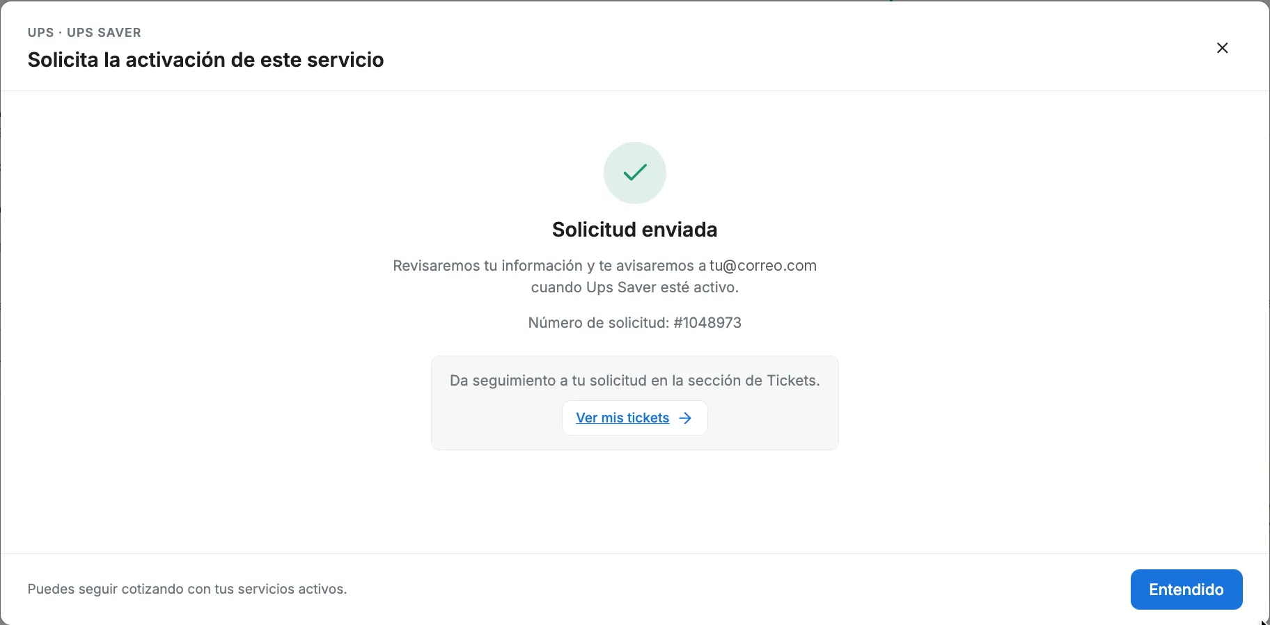 Pantalla de solicitud enviada