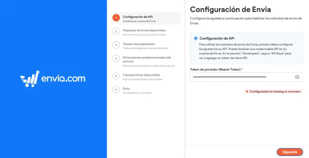 Campo Token de portador en Configuración de API