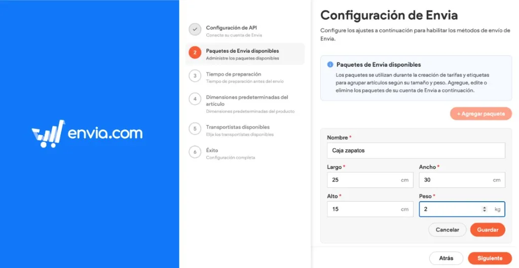 Formulario para agregar un paquete con largo, ancho, alto y peso