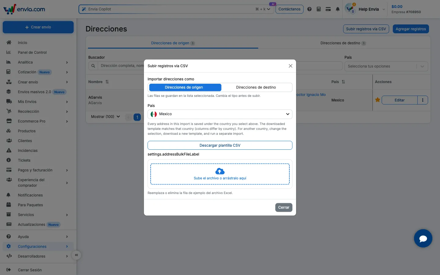 Modal Subir registros vía CSV