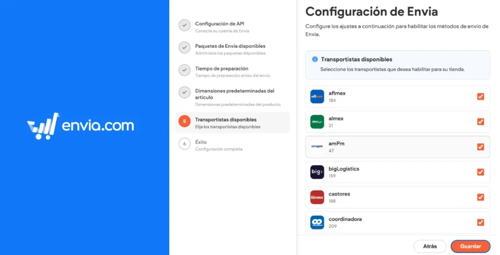Lista de transportistas disponibles con casillas para activarlos