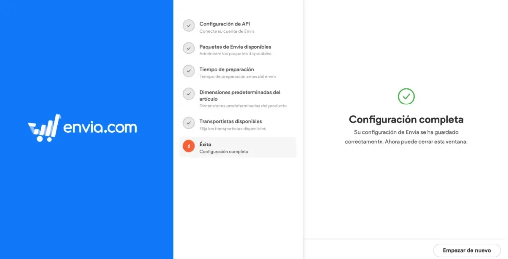 Pantalla de configuración completa de Envia
