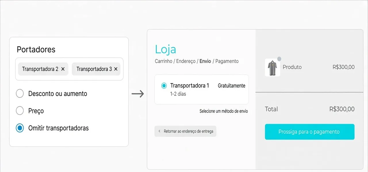 Checkout onde as transportadoras omitidas não aparecem