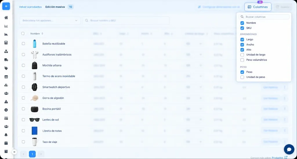 Columns menu with Search columns and the table groups