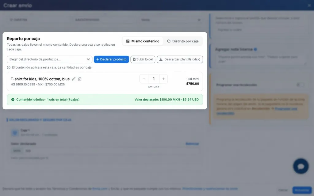 Reparto por caja con un producto declarado, Contenido idéntico y el valor declarado