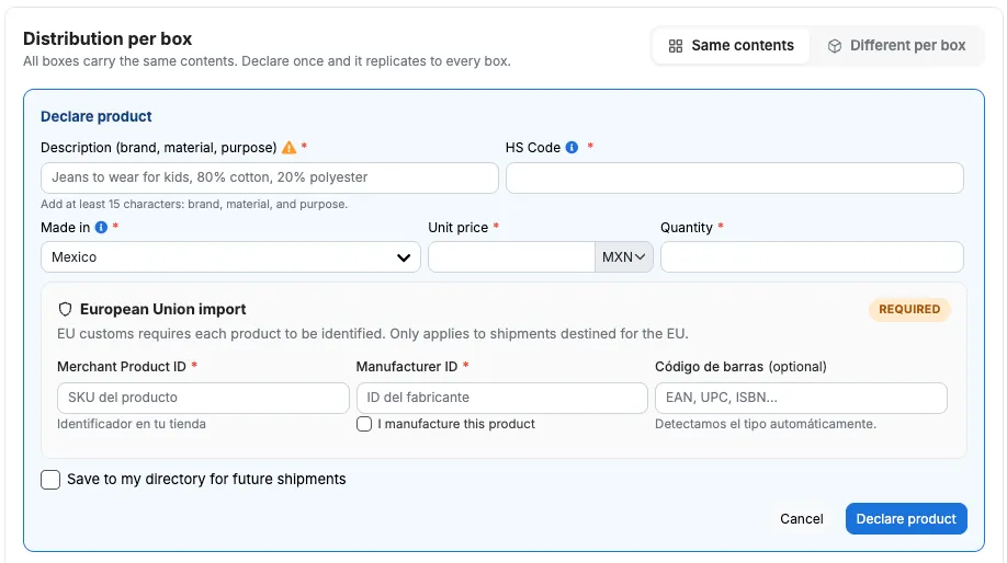 European Union import card in Declare product, with Merchant Product ID, Manufacturer ID, and barcode