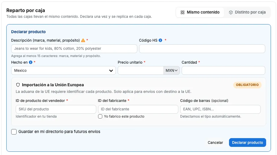 Tarjeta Importación a la Unión Europea en Declarar producto, con ID de producto del vendedor, ID del fabricante y código de barras