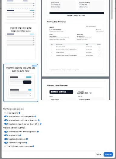 Panneau pour configurer le packing slip