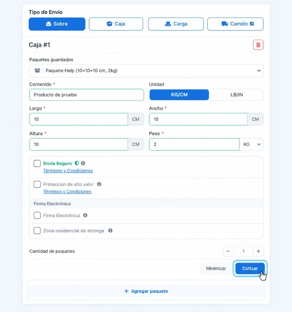 Tipo de envío, contenido, medidas, peso y el botón Cotizar