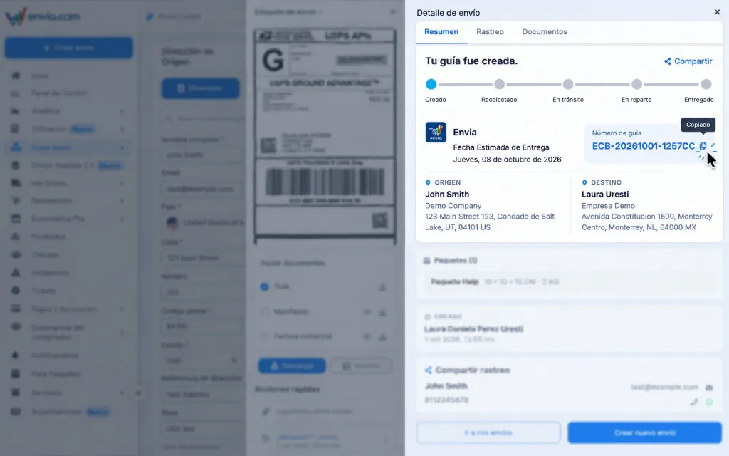 Detalle de envío de la guía Envia, con Número de guía y las pestañas Resumen, Rastreo y Documentos