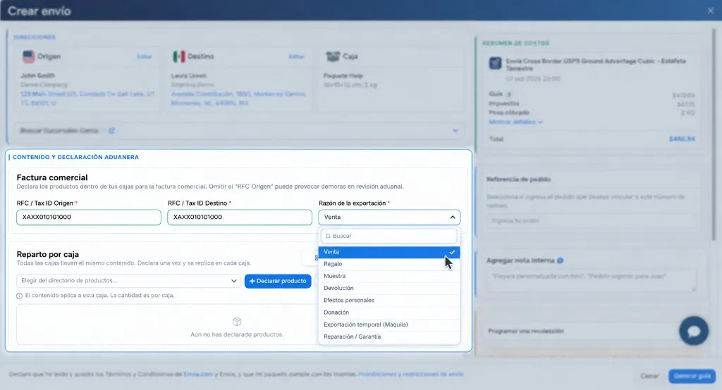 Factura comercial con RFC / Tax ID y la lista de Razón de la exportación