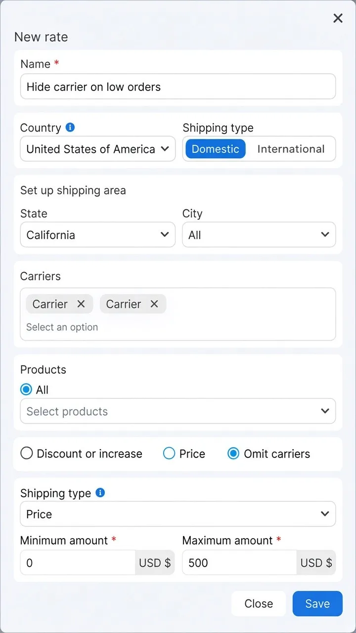 Rate rule to omit carriers
