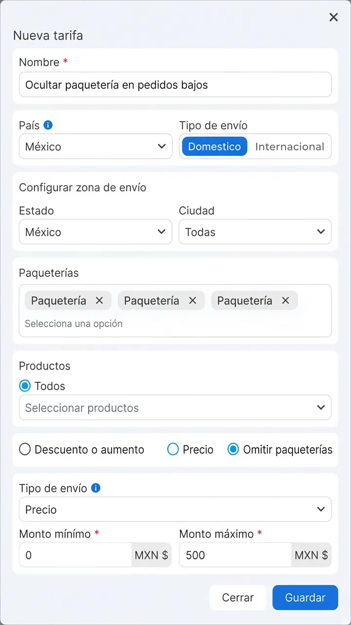 Regla de tarifa para omitir paqueterías
