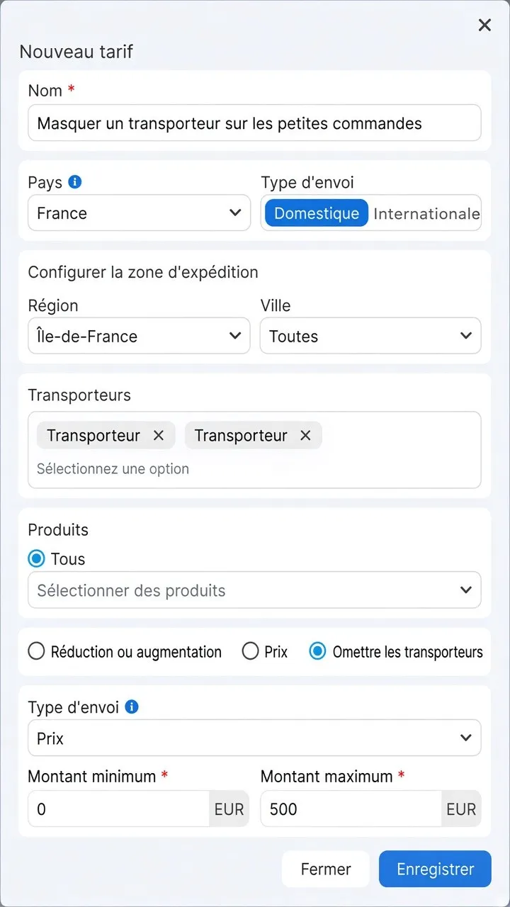 Règle de tarif pour omettre les transporteurs