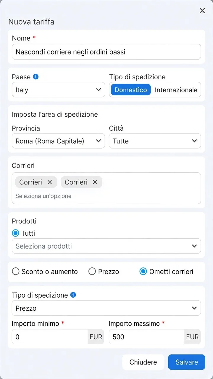 Regola di tariffa per omettere i corrieri