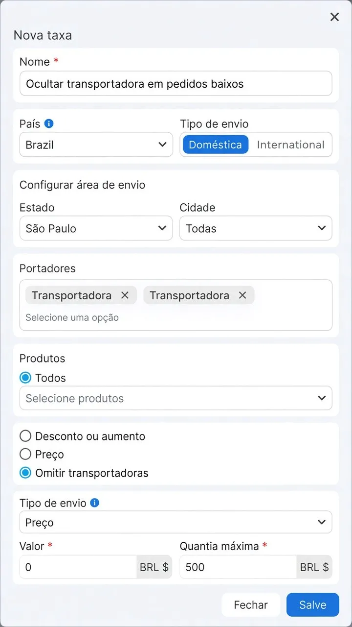 Regra de tarifa para omitir transportadoras