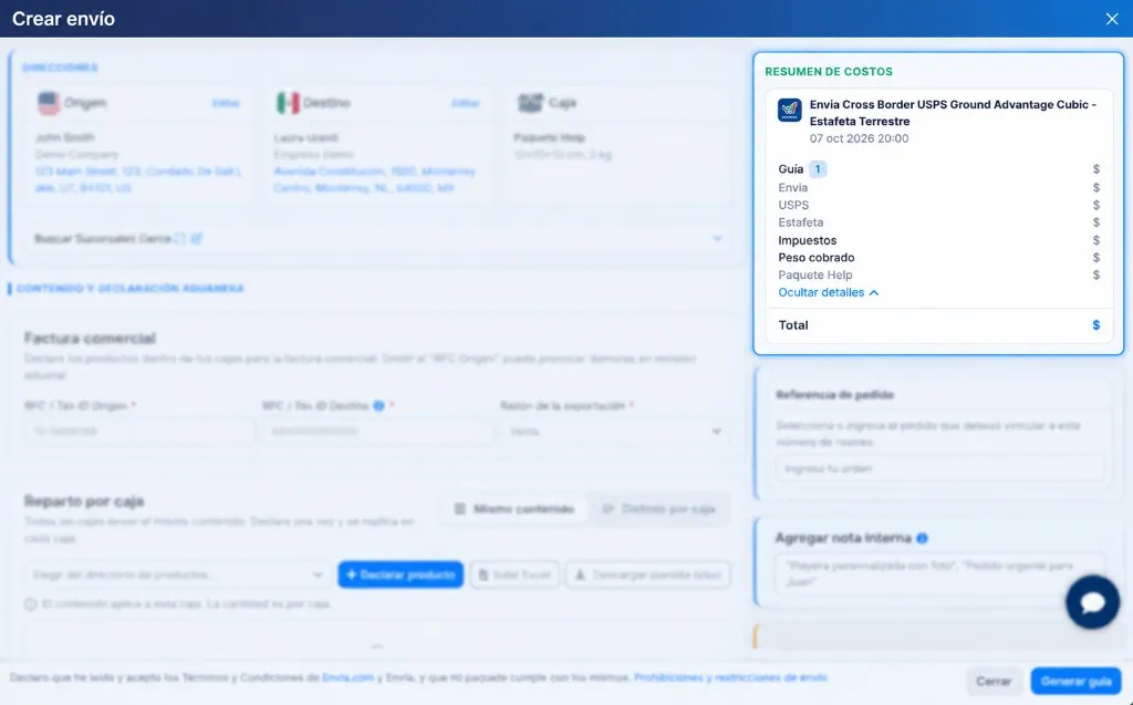 Resumen de costos con Ocultar detalles abierto: la guía partida en Envia, USPS y Estafeta