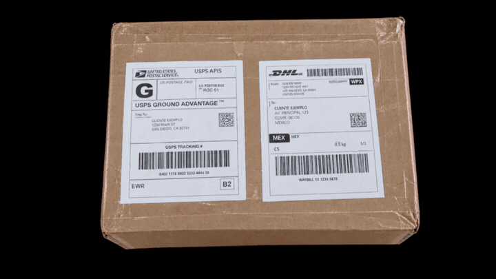 Paquete con dos guías en la misma cara: USPS Ground Advantage y DHL, una junto a la otra