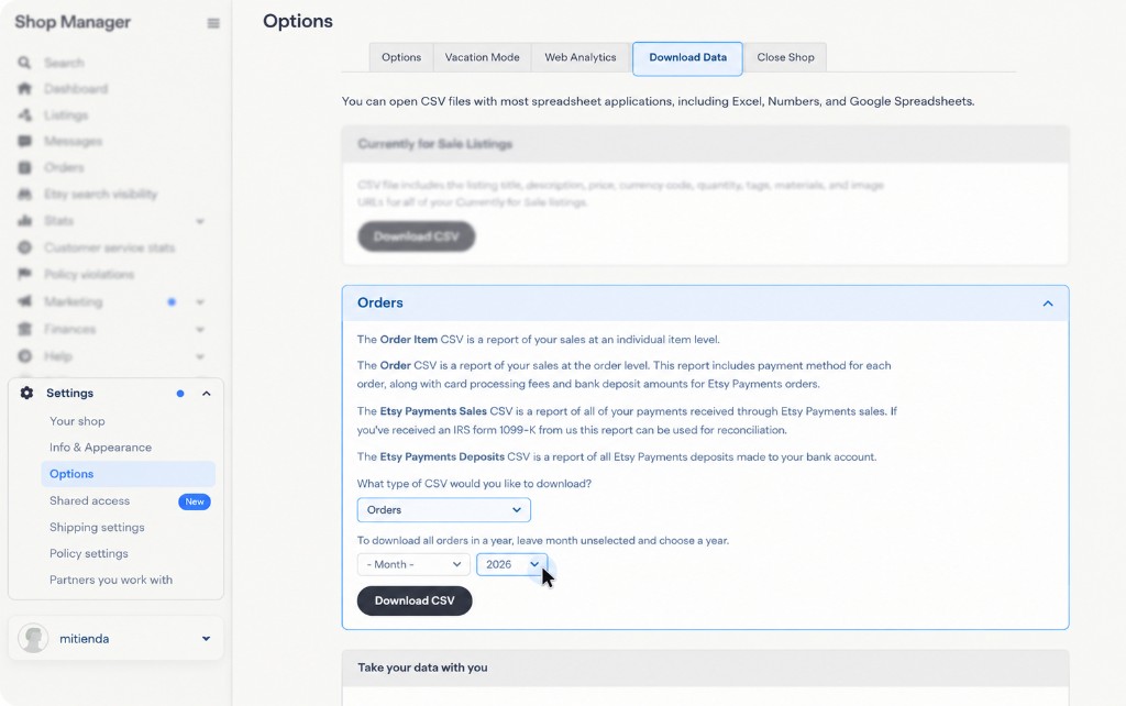 Tipo Orders, mes vacío, año elegido y botón Download CSV