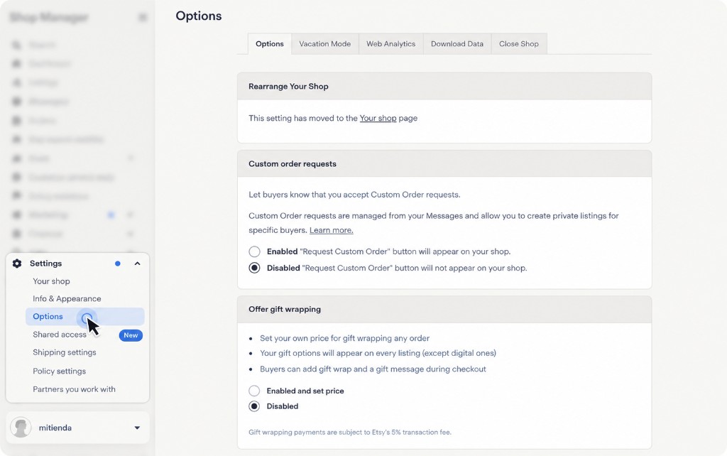 Menú Settings con Options seleccionado en el Shop Manager de Etsy