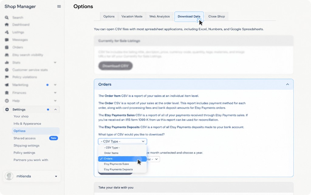 Lista CSV Type con Orders seleccionado